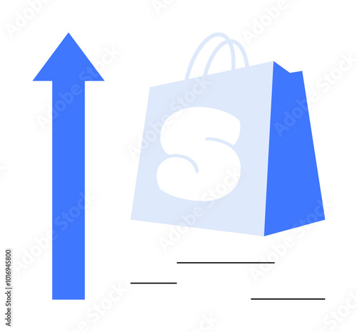 A blue arrow points upward next to a blue shopping bag with an S logo. Ideal for e-commerce growth, online shopping, business success, retail market expansion, and consumer trends. Simple vector