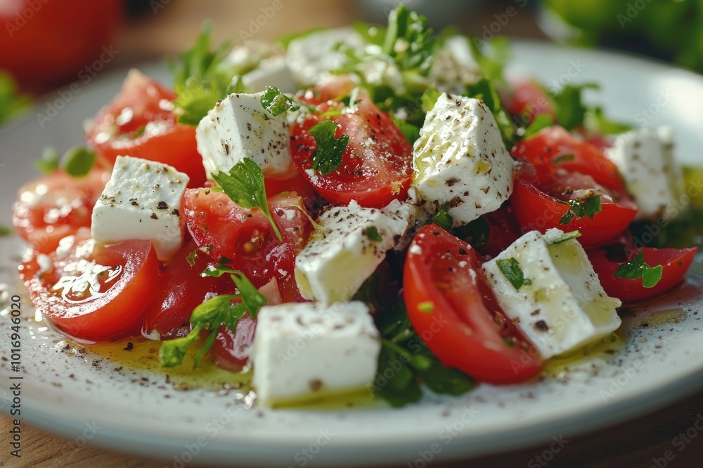 Fresh greek salad with feta cheese, tomatoes, and herbs on a plate Fresh greek salad with feta cheese, tomatoes, and herbs on a plate