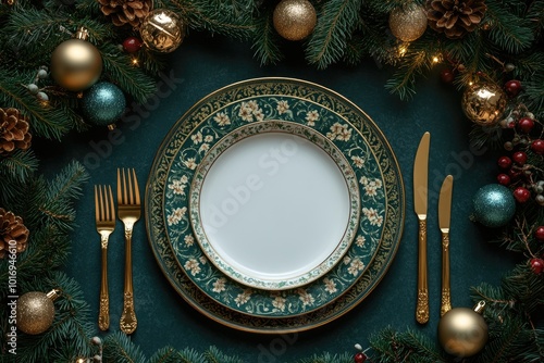 Elegant christmas table setting with golden cutlery on green background photo