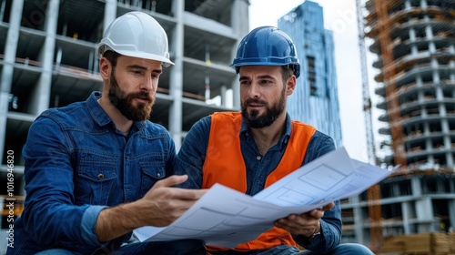 Two construction workers in hard hats review blueprints at a construction site, surrounded by cranes and tall buildings under construction.