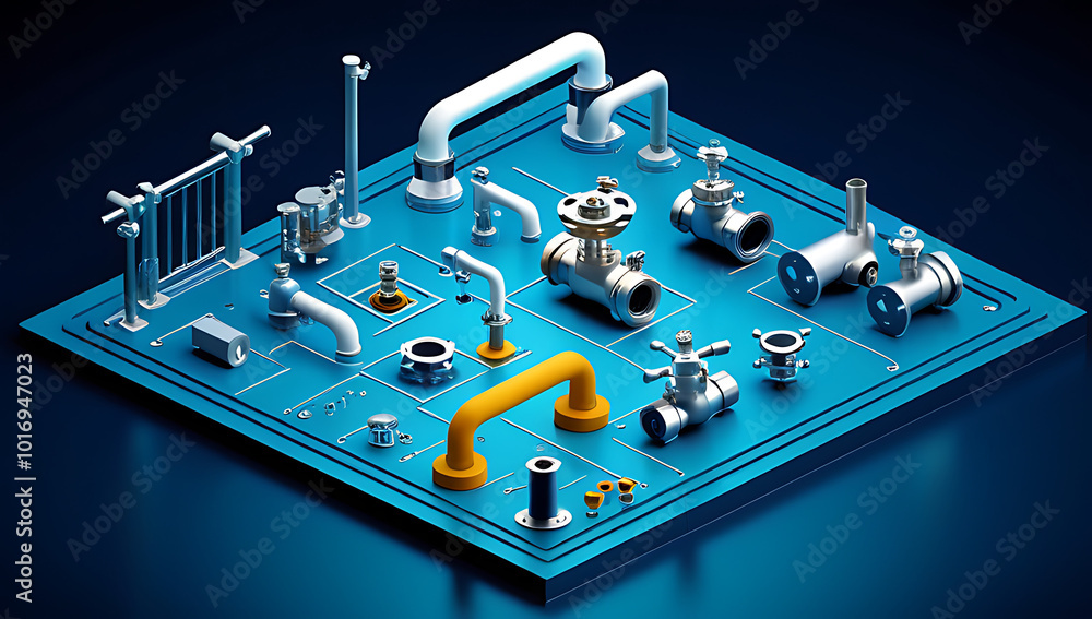 diverse array precision engineered components pipes fittings gate valves faucets ells depicted detailed isometric vector art style diverse array precision engineered components pipes fittings gate valves faucets ells depicted detailed isometric vector art style