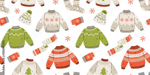 Vector seamless pattern of cute winter clothes sweaters, socks, hats, mittens, scarf. Collection of ugly sweaters with norwegian ornaments.
