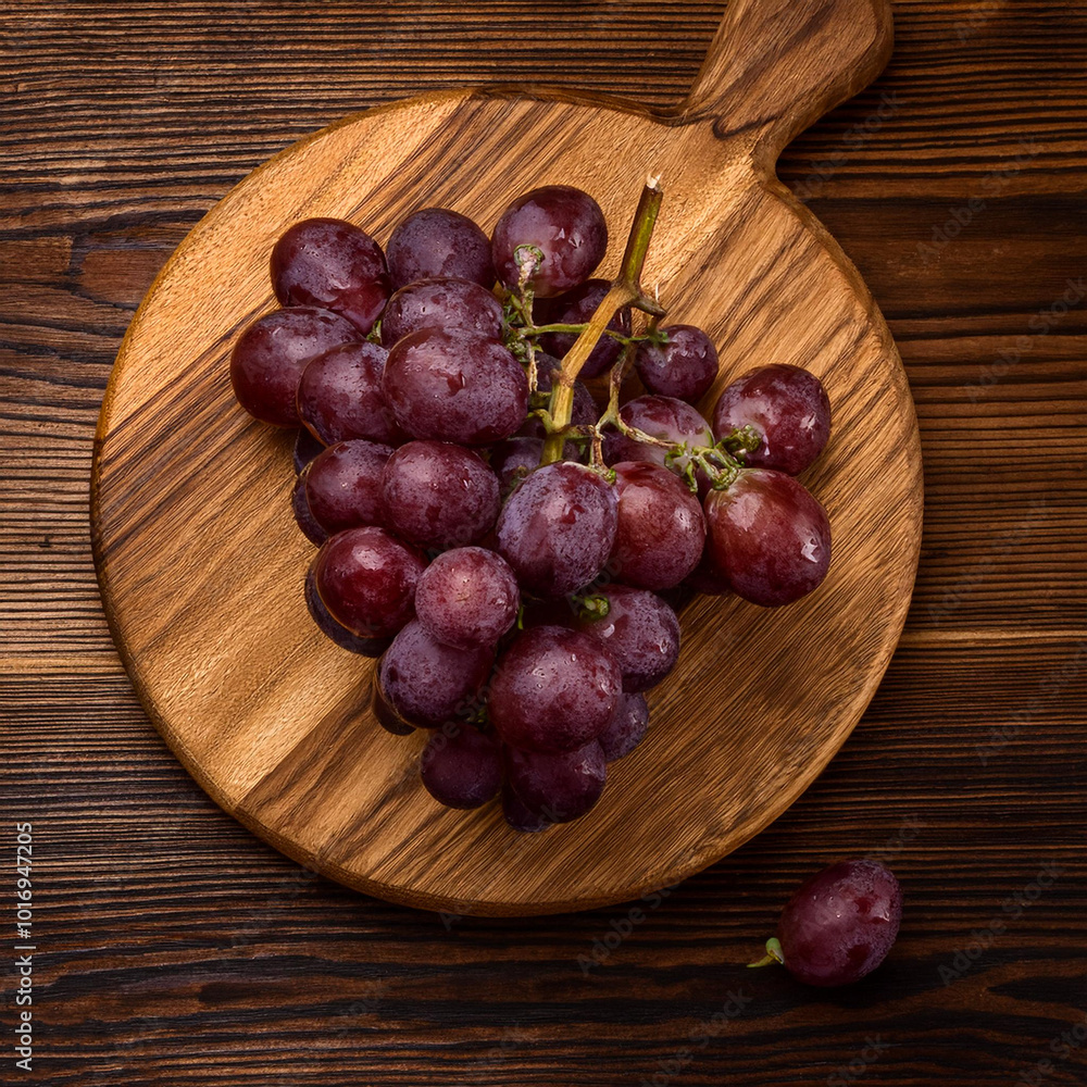 grapes fruit on a wooden cutting board, isolated against a wooden background
