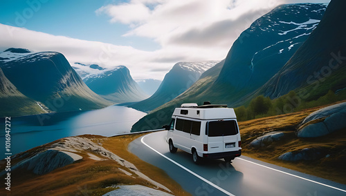 gleaming rv camper van trundles along norway stunning mountain road occupants taking breathtaking views photo