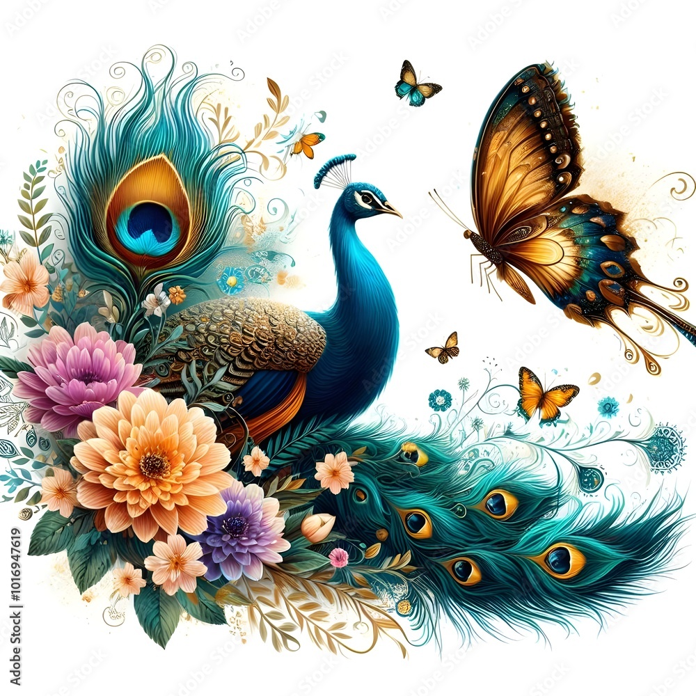 Flowers and a peacock surround a peacock golden with color roses Flowers and a peacock surround a peacock golden with color roses