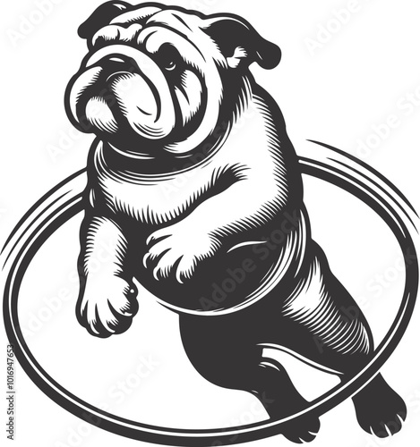 a bulldog jumping through a hoop silhouette vector design.