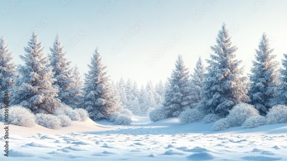 Snow covered path leading through a pine forest in winter Snow covered path leading through a pine forest in winter