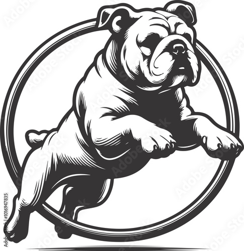 a bulldog jumping through a hoop silhouette vector design.
