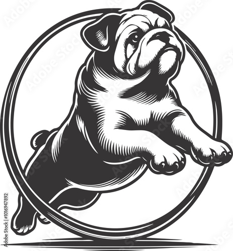a bulldog jumping through a hoop silhouette vector design.