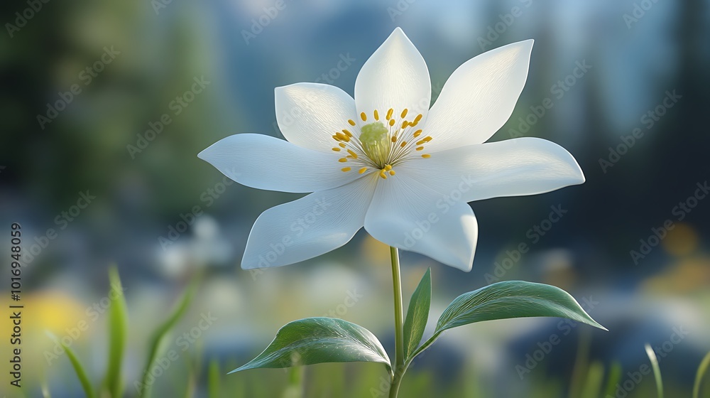 Fototapeta premium A single white flower with yellow center blooms in a field of other flowers with a blurred background.
