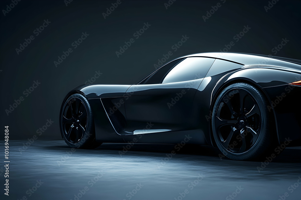 Elegant black car showcased in a studio with a dark backdrop, emphasizing its sleek design- Elegant black car showcased in a studio with a dark backdrop, emphasizing its sleek design-