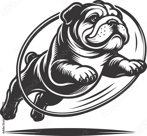 a bulldog jumping through a hoop silhouette vector design.