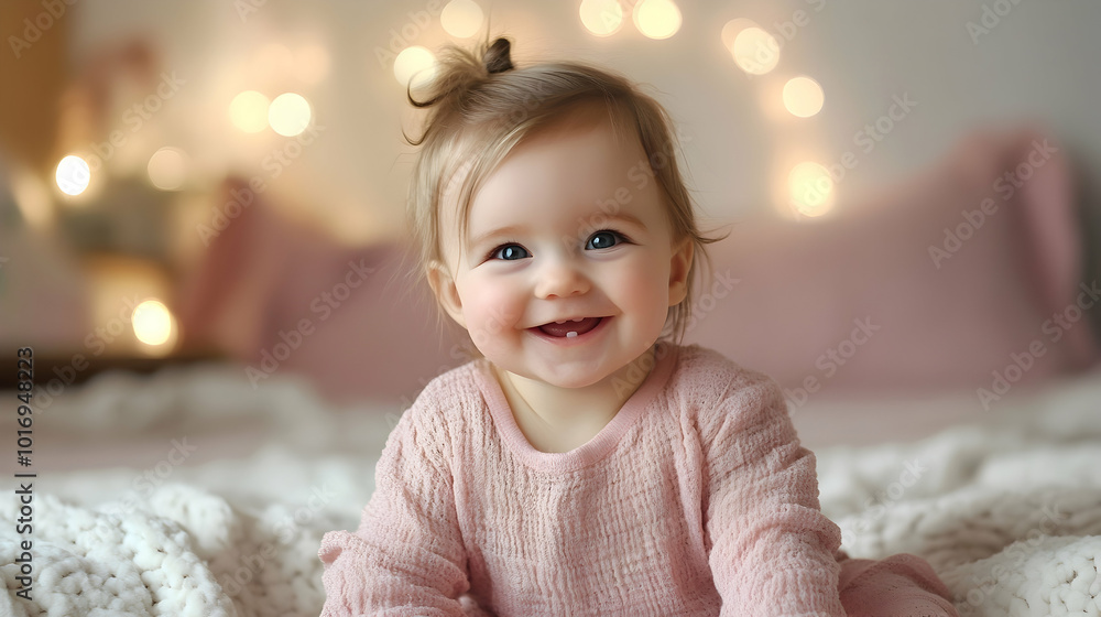Smiling baby girl in a pink outfit sitting on a cozy bed Smiling baby girl in a pink outfit sitting on a cozy bed