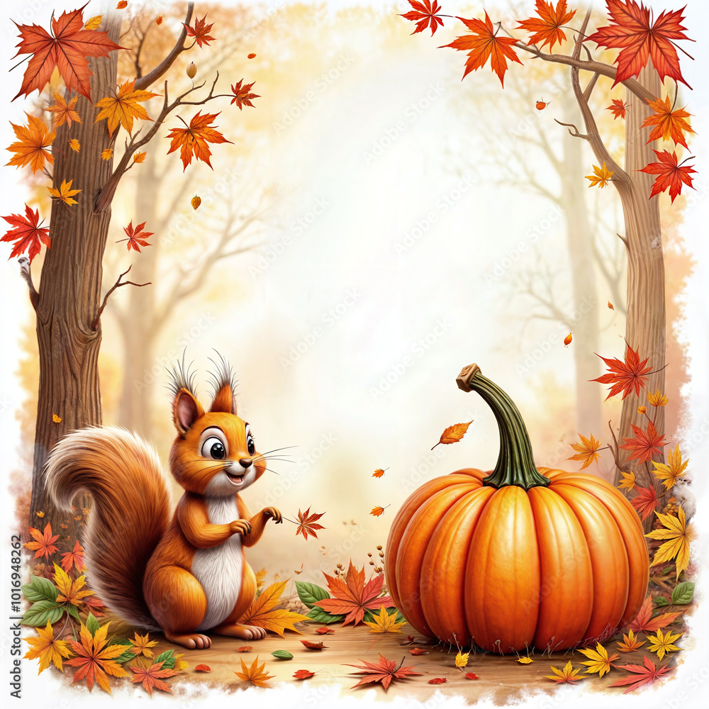 Autumn, Create an extravagant autumn watercolor painting with a pumpkin, a squirrel, with an autumnal border Autumn, Create an extravagant autumn watercolor painting with a pumpkin, a squirrel, with an autumnal border