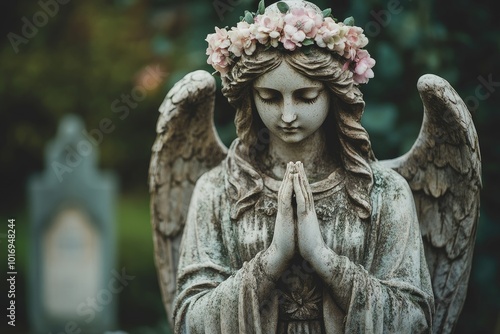Angel wearing flower crown praying in cemetery
