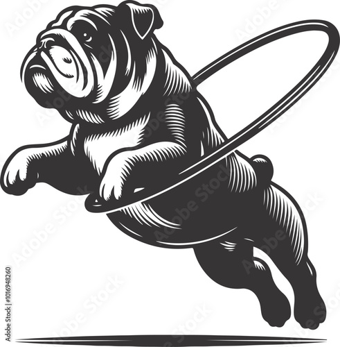 a bulldog jumping through a hoop silhouette vector design.