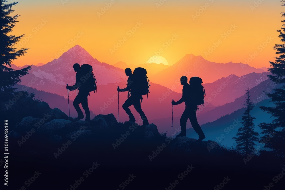 Three backpackers hiking up mountain at sunset Three backpackers hiking up mountain at sunset