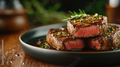 Three succulent medium-rare grilled steaks stacked with aromatic herbs, glistening with juices, served on a black plate, epitomizing a savory and enticing meal.