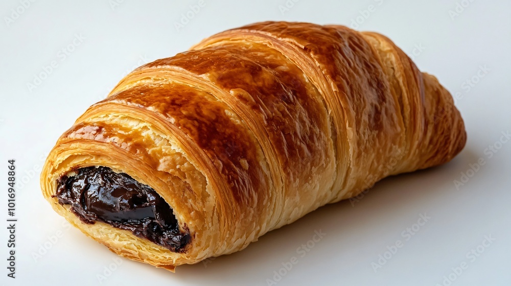 A buttery pain au chocolat with dark chocolate filling, isolated on a minimalist white background A buttery pain au chocolat with dark chocolate filling, isolated on a minimalist white background