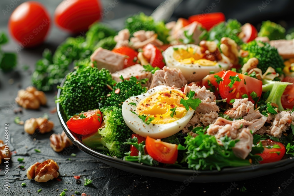 Healthy salad with tuna, broccoli, tomatoes, eggs, and walnuts, drizzled with olive oil and spices Healthy salad with tuna, broccoli, tomatoes, eggs, and walnuts, drizzled with olive oil and spices