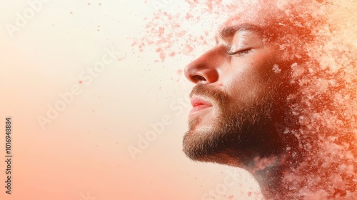 A surreal and artistic depiction of a man's face disintegrating into particles, symbolizing transformation, fleeting moments, or existential themes through stunning artistry. photo