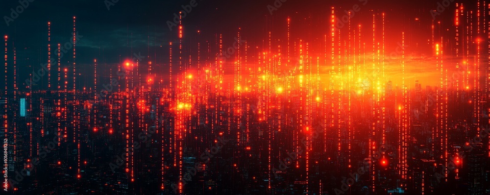 Digital Cityscape with Red and Orange Lights Digital Cityscape with Red and Orange Lights