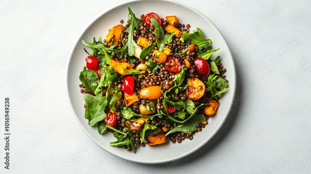 A hearty French lentil salad with roasted vegetables, placed on a white plate with an isolated background A hearty French lentil salad with roasted vegetables, placed on a white plate with an isolated background