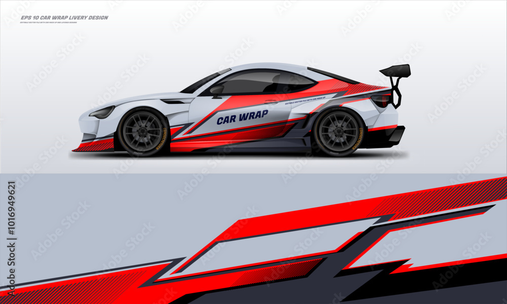 sporty Racing Car wrap livery design with a touch of red, black and white. branding mockup with racing wrap decal or livery design sporty Racing Car wrap livery design with a touch of red, black and white. branding mockup with racing wrap decal or livery design