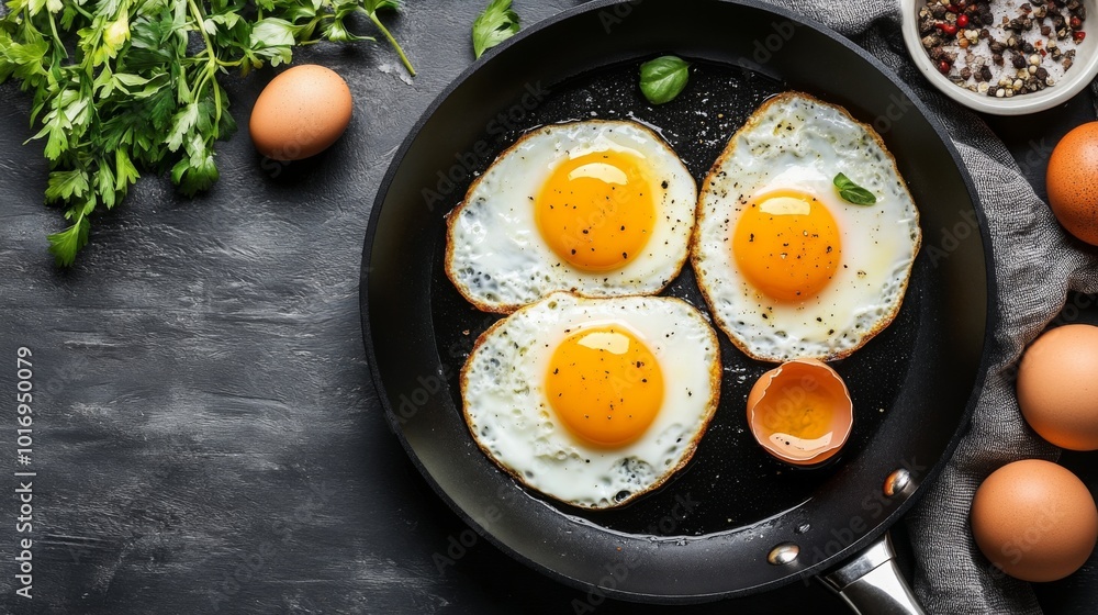 Freshly Cooked Eggs in a Pan with Ingredients Nearby Freshly Cooked Eggs in a Pan with Ingredients Nearby
