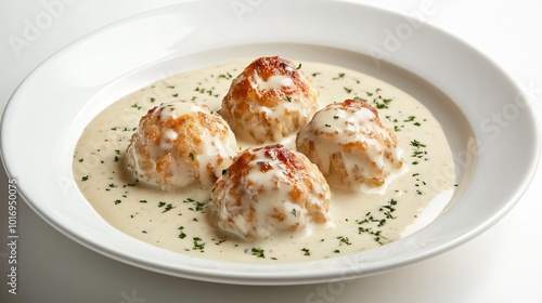 A serving of quenelles with creamy sauce, isolated on a white ceramic plate with an elegant presentation