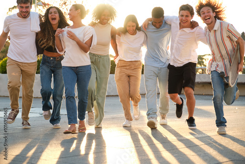Group of friends having fun and running together at sunset