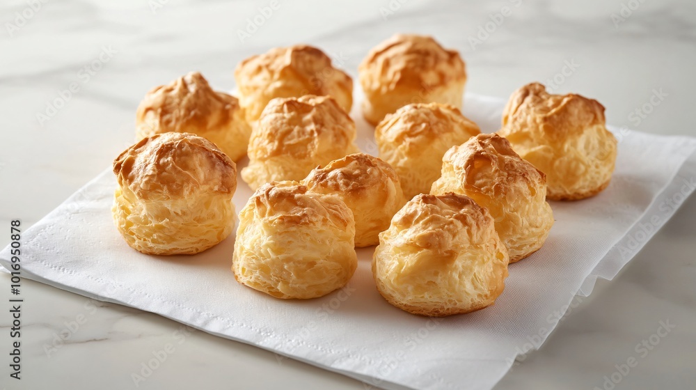 Delicate gougeres, cheese puffs, displayed on a white napkin with an isolated background Delicate gougeres, cheese puffs, displayed on a white napkin with an isolated background