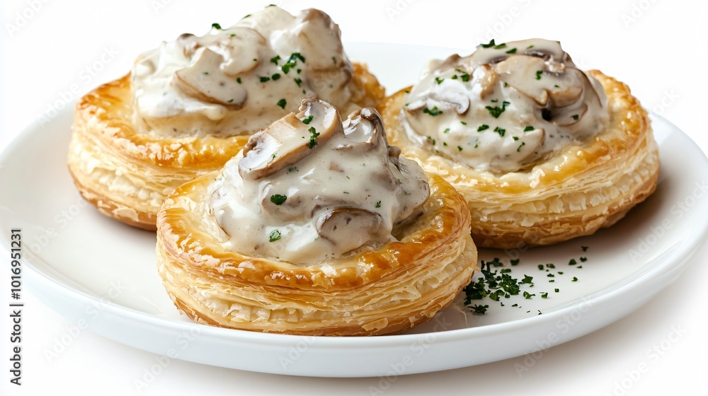 Flaky vol-au-vent puff pastries filled with creamy mushroom sauce, isolated on a white plate Flaky vol-au-vent puff pastries filled with creamy mushroom sauce, isolated on a white plate