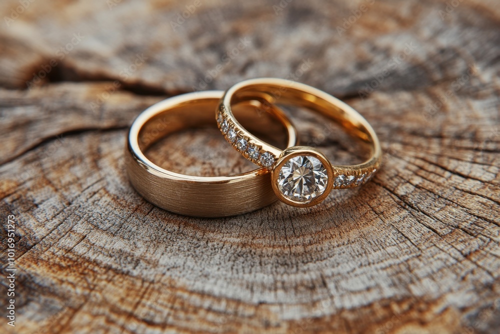 A pair of gold wedding rings, one with a diamond on top, resting on wood, shot from above Generative AI A pair of gold wedding rings, one with a diamond on top, resting on wood, shot from above Generative AI
