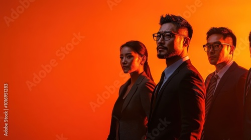 A group of business professionals stands confidently against a vibrant orange backdrop, showcasing determination and teamwork as key aspects of modern business success. photo