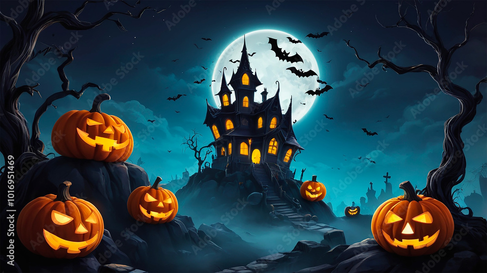Halloween poster with glowing moon and pumpkins Halloween poster with glowing moon and pumpkins