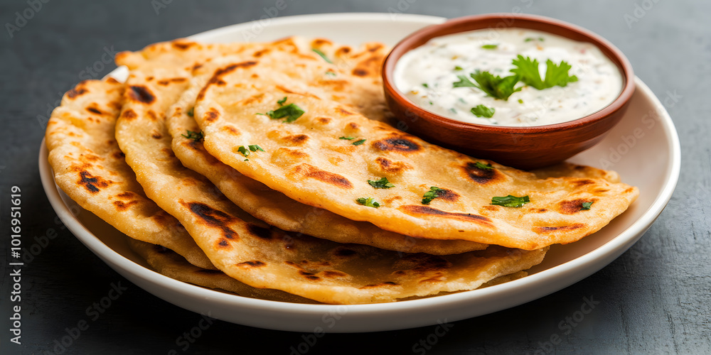 Aloo Achari Paratha on a White Plate with Raita | Appetising Indian Flatbread with Tangy Pickle Spices and Yogurt Dip Aloo Achari Paratha on a White Plate with Raita | Appetising Indian Flatbread with Tangy Pickle Spices and Yogurt Dip