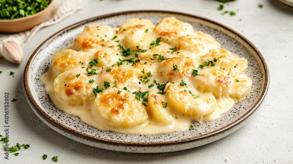 A plate of creamy potatoes au gratin, bubbling with melted cheese, isolated on a neutral background A plate of creamy potatoes au gratin, bubbling with melted cheese, isolated on a neutral background