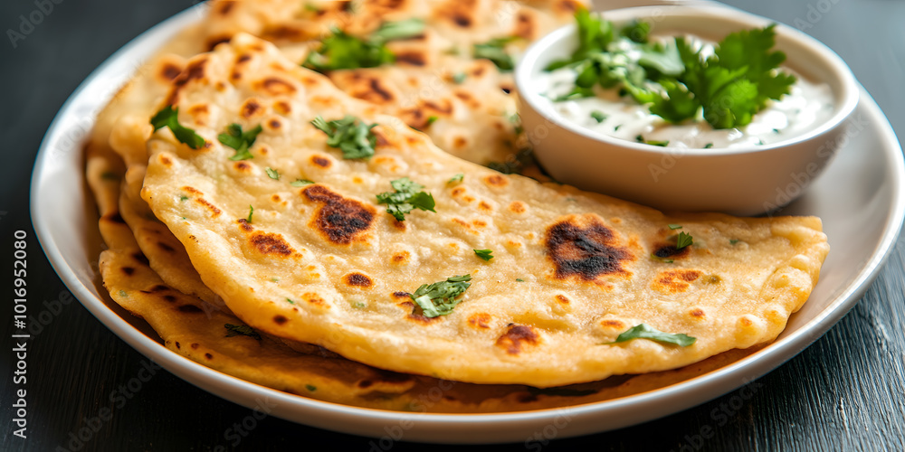 Aloo Achari Paratha on a White Plate with Raita | Appetising Indian Flatbread with Tangy Pickle Spices and Yogurt Dip Aloo Achari Paratha on a White Plate with Raita | Appetising Indian Flatbread with Tangy Pickle Spices and Yogurt Dip