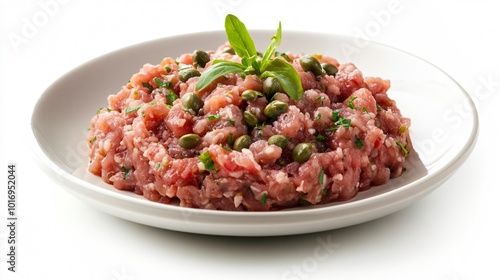 Rich beef tartare, seasoned with capers and herbs, placed on a simple white plate with an isolated background