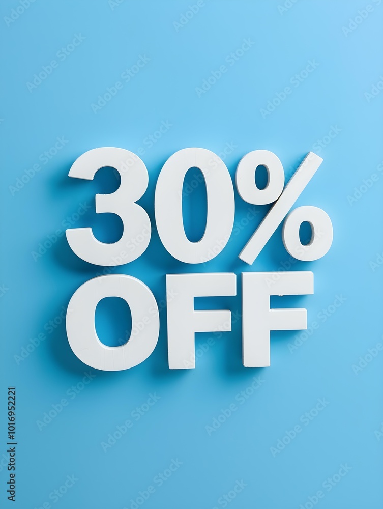 White '30% OFF' Promotional Sign on a Light Blue Background White '30% OFF' Promotional Sign on a Light Blue Background