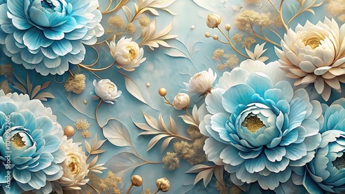 abstract light blue and gold voluminous peonies floral mural background