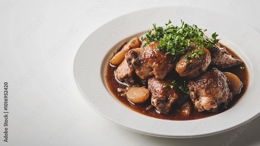 Traditional coq au vin, tender chicken cooked in red wine, placed on a clean, minimalist plate with an isolated background Traditional coq au vin, tender chicken cooked in red wine, placed on a clean, minimalist plate with an isolated background