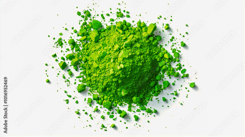 Top view of vibrant green powder scattered on white background Top view of vibrant green powder scattered on white background