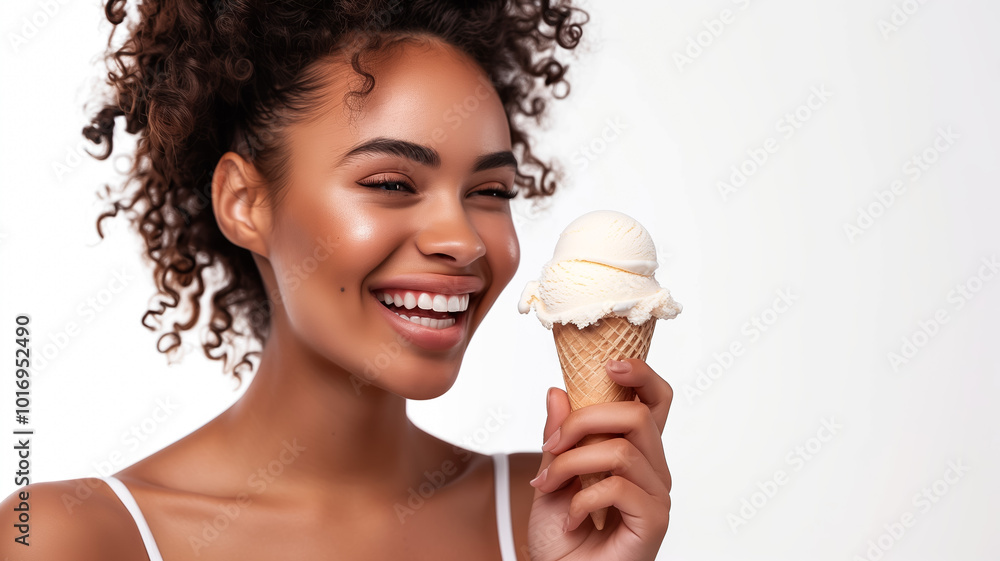 Smiling young woman enjoying vanilla ice cream on white background Smiling young woman enjoying vanilla ice cream on white background