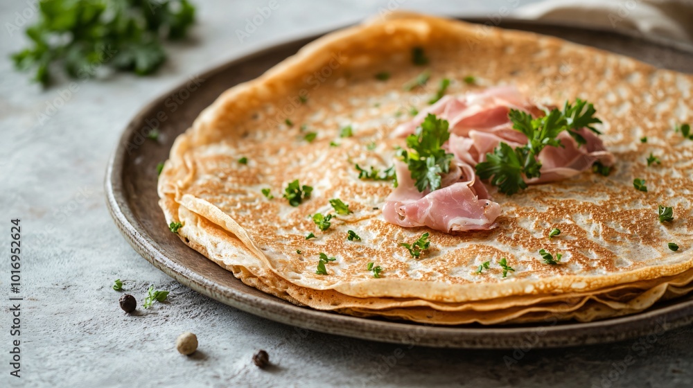 Traditional French galette with buckwheat crepes and ham, isolated on a soft, neutral background Traditional French galette with buckwheat crepes and ham, isolated on a soft, neutral background
