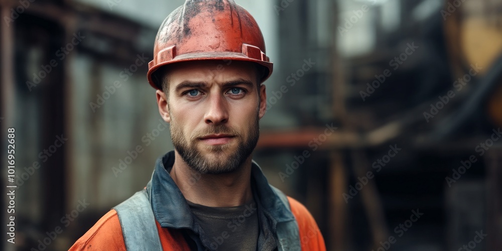 A confident construction worker stands tall in rugged work attire. He wears a bright orange jacket and a hard hat. The image showcases strength and dedication in industrial settings. AI A confident construction worker stands tall in rugged work attire. He wears a bright orange jacket and a hard hat. The image showcases strength and dedication in industrial settings. AI