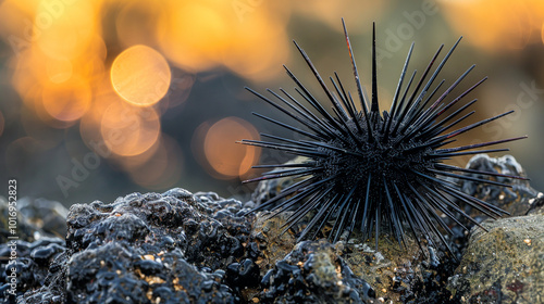 Sea urchins have hard and sharp feathers besides that most sea urchins are black and live attached to rocks with copy space photo