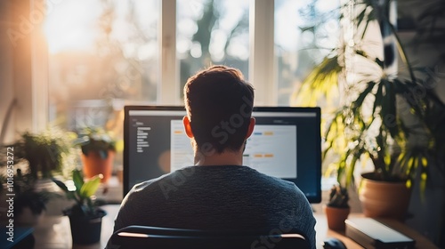 picture taken from back in a sunny day in a modern office of a person in front of a pc screen with a training video course with powerpoint slides