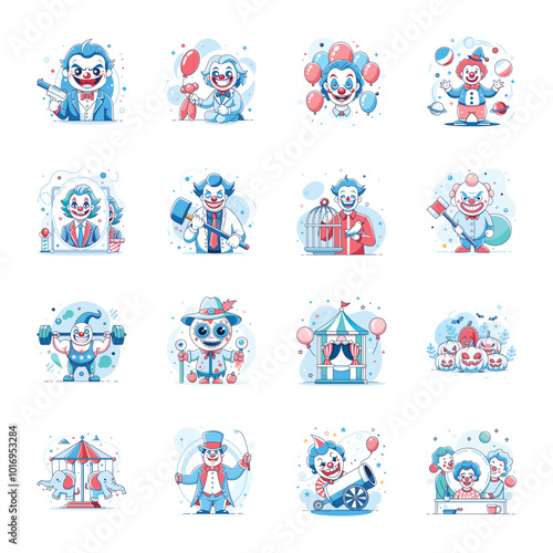 Pack of Flat Style Circus Clowns and Joker Illustrations 
